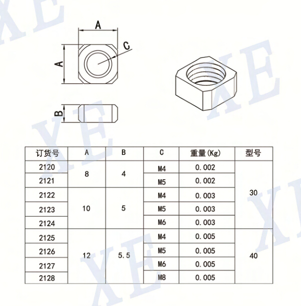 铝型材配件四方螺母规格