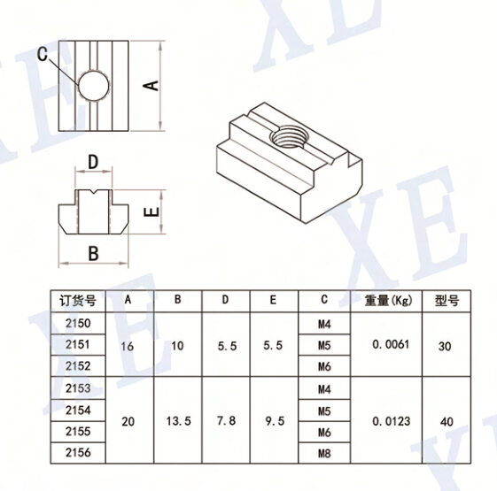 铝型材配件国标方型螺母规格